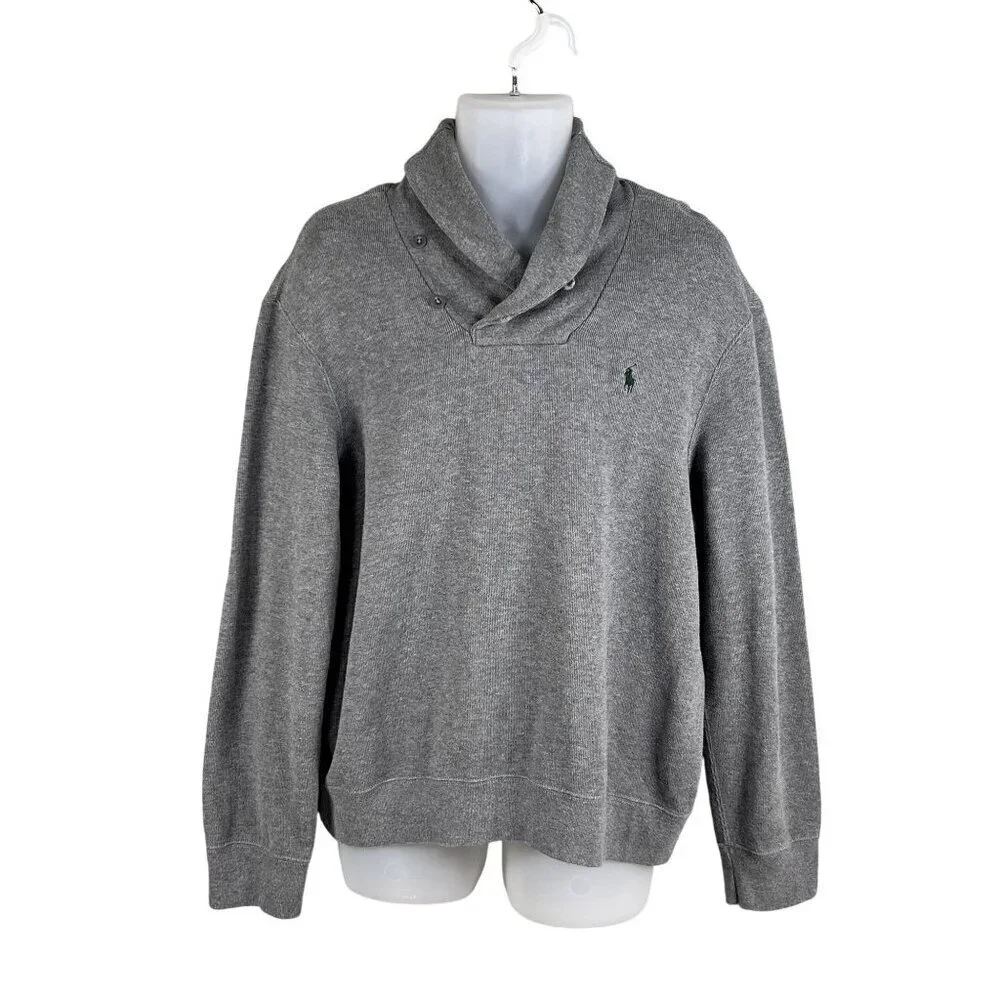 Polo Ralph Lauren Mens XL Jersey Shawl Collar Gray Pullover Sweater Quiet Luxury